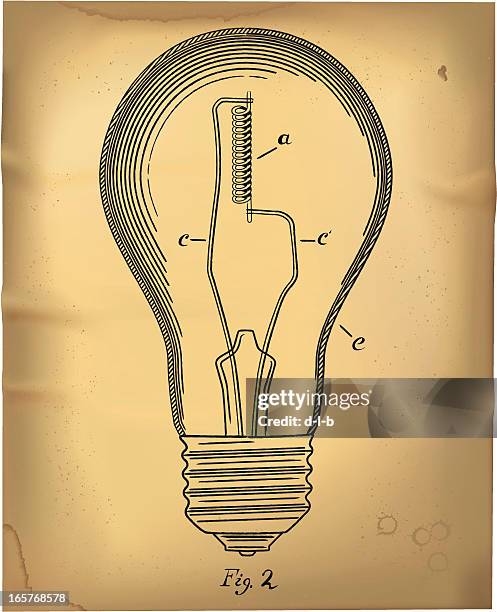 glühbirne im 19. jahrhundert lackleder-zeichnung stil - glühfaden stock-grafiken, -clipart, -cartoons und -symbole
