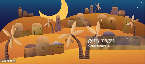 middle east decorative night landscape - african village stock illustrations