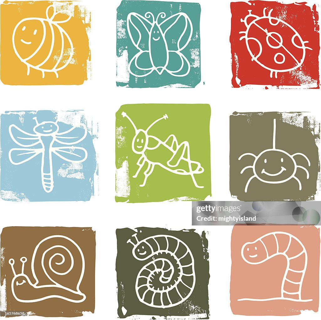 Insect and animal grunge block icon set