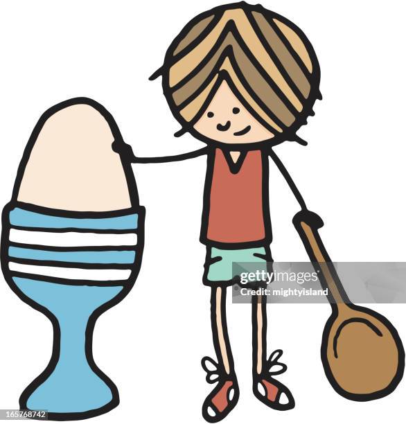 boy stood next to large egg in eggcup - wooden spoon white background stock illustrations