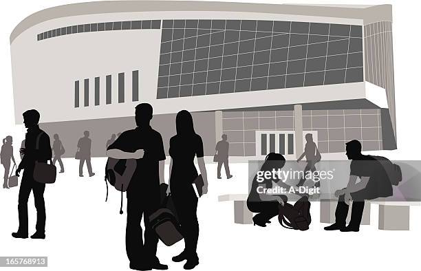 college scene vector silhouette - student backpack walking stock illustrations