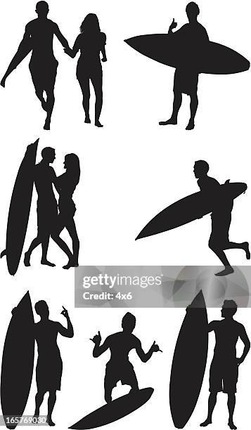 ilustraciones, imágenes clip art, dibujos animados e iconos de stock de surfers surf y romance - amigos surferos