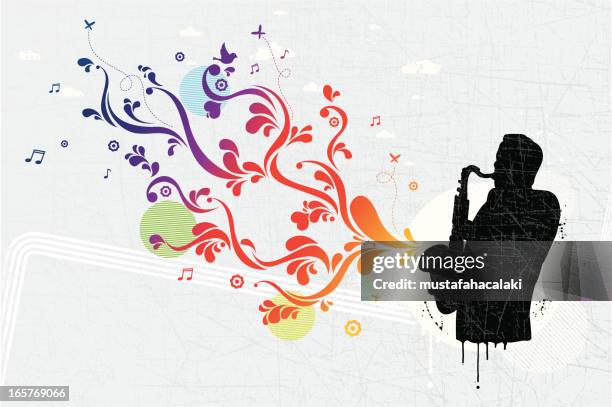 ilustraciones, imágenes clip art, dibujos animados e iconos de stock de músico graffiti - saxofón