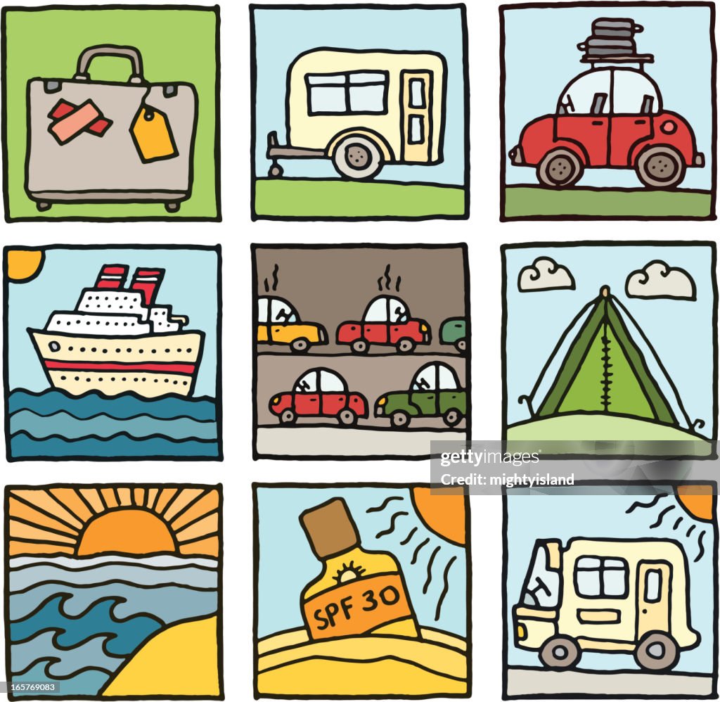 Holiday and travel cartoon block icon set