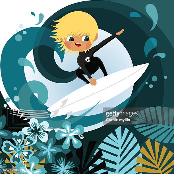 illustrazioni stock, clip art, cartoni animati e icone di tendenza di biondo del surf. surf. ragazzo in spiaggia - muta da sub