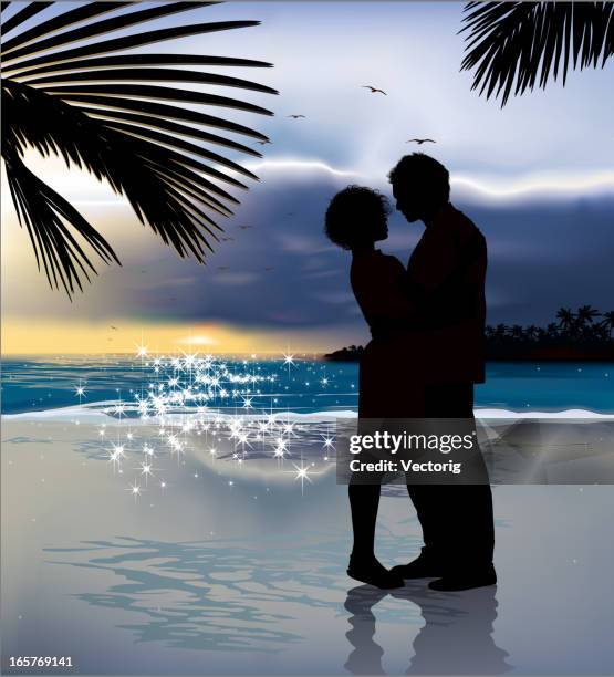 love on the beach - couple on beach sunset stock illustrations