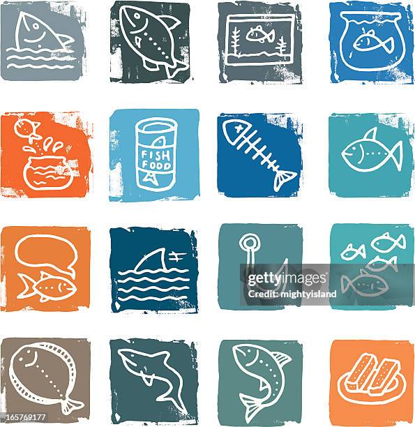 fish grunge icon blocks - fish fingers stock illustrations