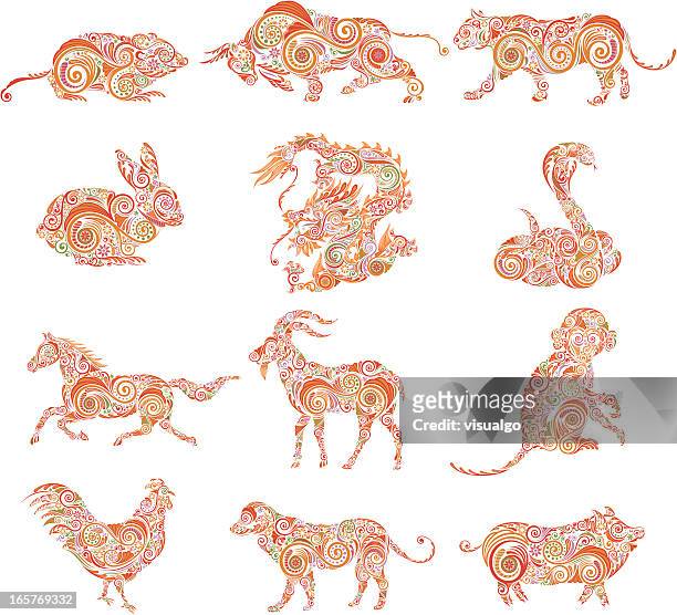 chinese zodiac - rooster print stock illustrations