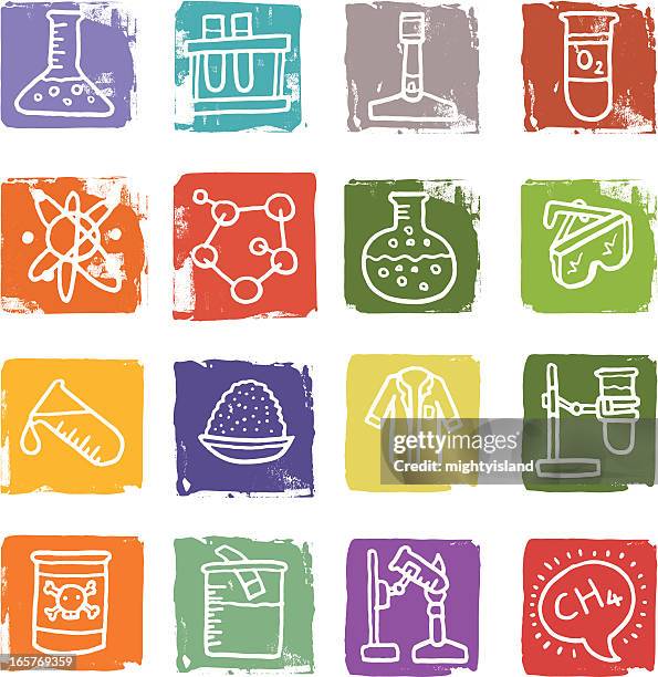 chemistry and experiments icon blocks - conical flask stock illustrations
