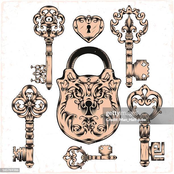 stockillustraties, clipart, cartoons en iconen met antique keys and lock - hanger