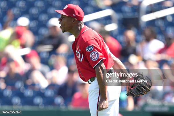 Josiah Gray of the Washington Nationals reacts after giving up a hit in the first inning first inning during a baseball game against the Miami...