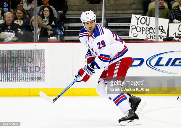 Ryane Clowe of the New York Rangers skates against the Pittsburgh Penguins during the game at Consol Energy Center on April 5, 2013 in Pittsburgh,...