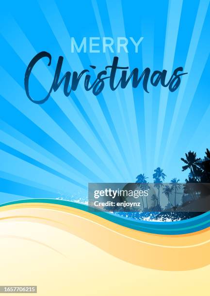 weihnachtskarte am sommerstrand - christmas palm tree stock-grafiken, -clipart, -cartoons und -symbole