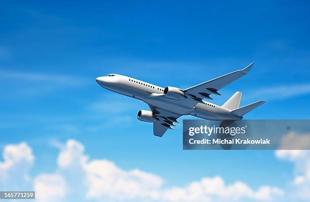 airplane flying above clouds. - airplane side view stock pictures, royalty-free photos & images