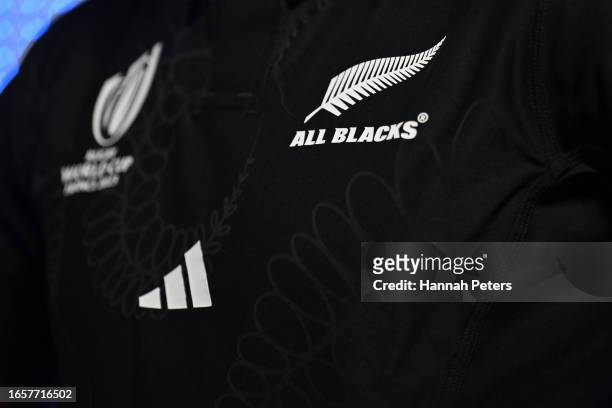 The jersey of Richie Mo'unga of the All Blacks is seen during a New Zealand All Blacks Rugby World Cup 2023 Squad photocall, ahead of the Rugby World...