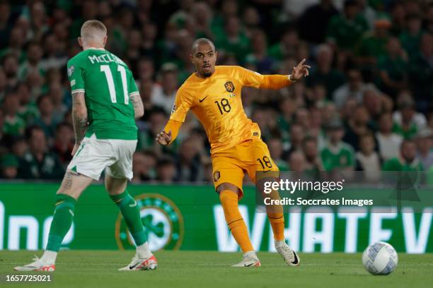 James McClean of Republic of Ireland, Donyell Malen of Holland during the EURO Qualifier match between Republic of Ireland v Holland on September 10,...