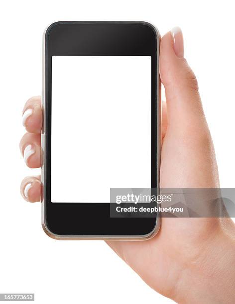 smartphone in woman hand on white - homescreen stock pictures, royalty-free photos & images