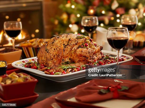 christmas turkey dinner - christmas table turkey stock pictures, royalty-free photos & images