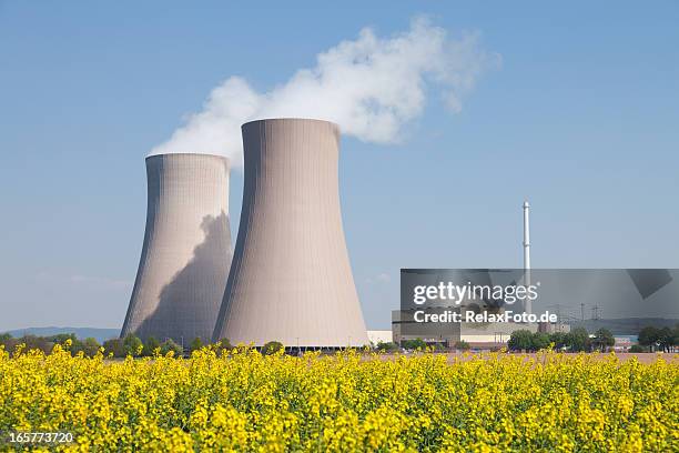 centrale nucléaire avec fumée les tours de refroidissement et le champ de colza - centrale nucléaire photos et images de collection