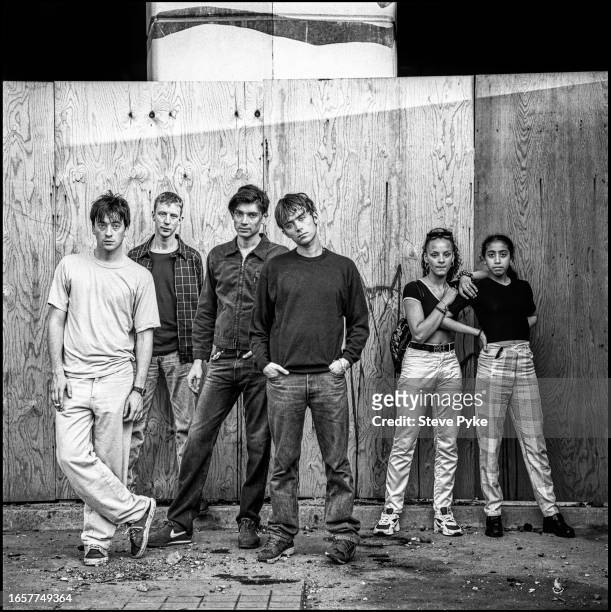 British rock group Blur pose under London's Westway, 20th July 1995. From left to right, guitarist Graham Coxon, drummer Dave Rowntree, bassist Alex...