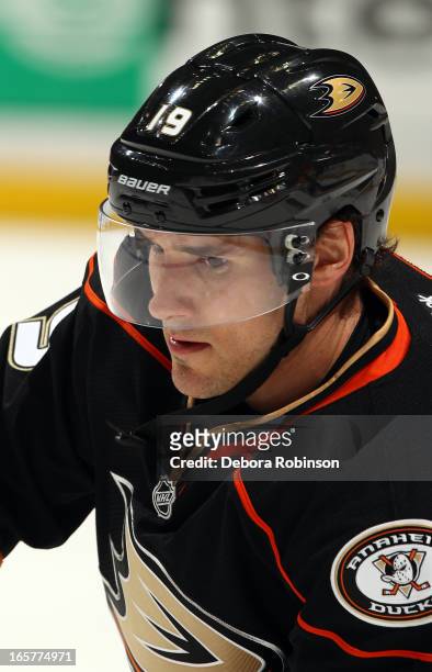 Matthew Lombardi of the Anaheim Ducks skates during warmups before the game against the Dallas Stars on April 5, 2013 at Honda Center in Anaheim,...