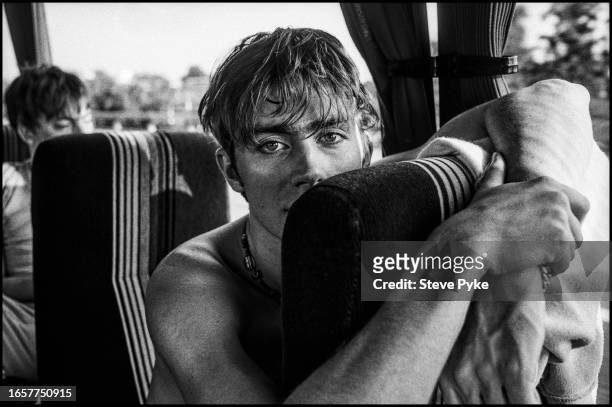 Singer Damon.Albarn of English rock group Blur, photographed on a tour bus in London 1995