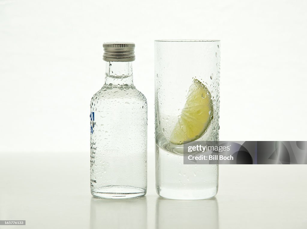 Small vodka bottle with shot glass