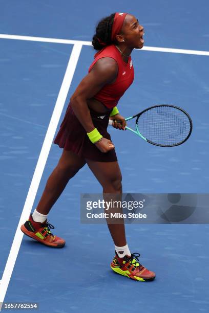 Coco Gauff of the United States celebrates after defeating Caroline Wozniacki of Denmark during their Women's Singles Fourth Round match on Day Seven...