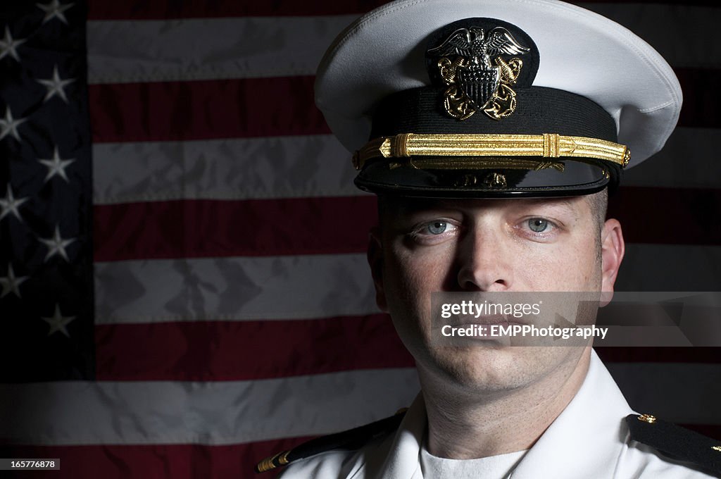 Caucasian Naval Officer In Dress Whites Uniform