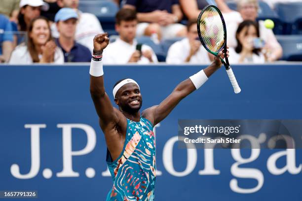 Frances Tiafoe of the United States celebrates match point to defeat Rinky Hijikata of Australia during their Men's Singles Fourth Round match on Day...