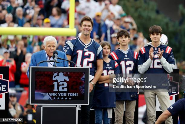 Tom Brady with his children as he is honored during a game between the New England Patriots and the Philadelphia Eagles on September 10 at Gillette...