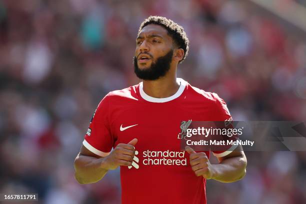 Joe Gomez of Liverpool looks on during the Premier League match between Liverpool FC and Aston Villa at Anfield on September 03, 2023 in Liverpool,...