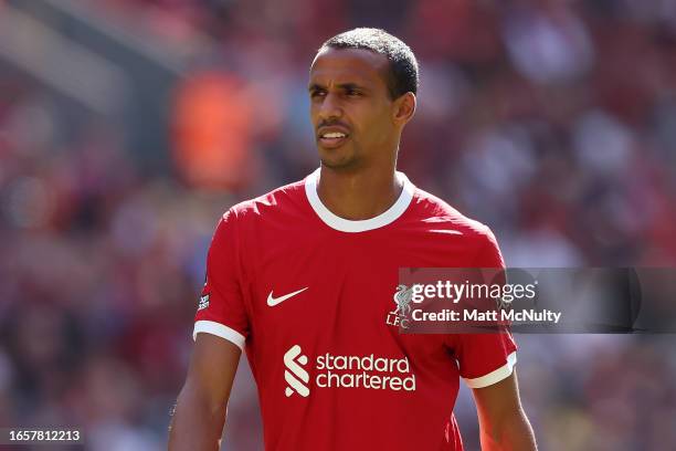 Joel Matip of Liverpool looks on during the Premier League match between Liverpool FC and Aston Villa at Anfield on September 03, 2023 in Liverpool,...