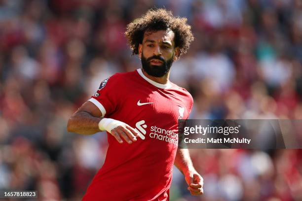 Mohamed Salah of Liverpool during the Premier League match between Liverpool FC and Aston Villa at Anfield on September 03, 2023 in Liverpool,...