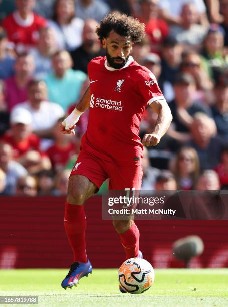 Mohamed Salah of Liverpool during the Premier League match between Liverpool FC and Aston Villa at Anfield on September 03, 2023 in Liverpool,...