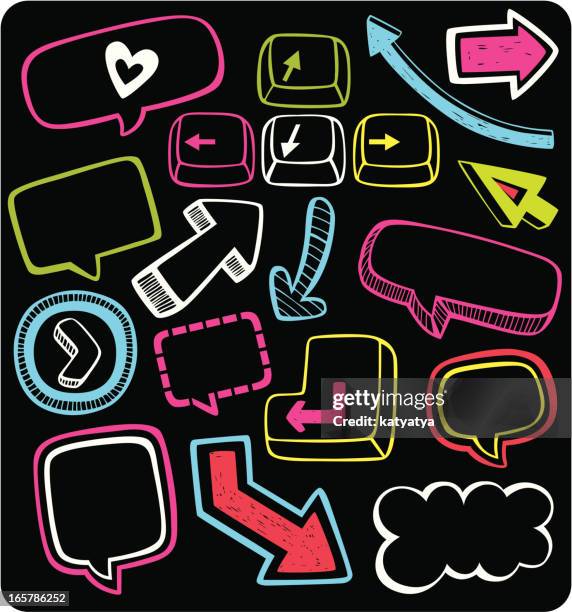 speech messages, arrows & buttons - design thinking scribble stock illustrations