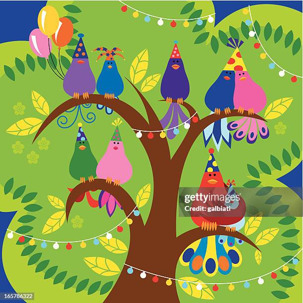 birds celebrating on a tree - backyard party stock illustrations