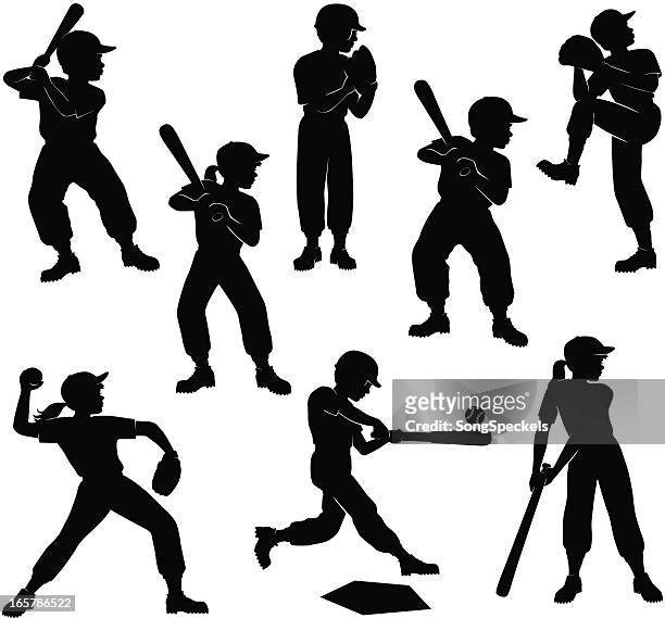 baseball kids silhouettes - girls stock illustrations