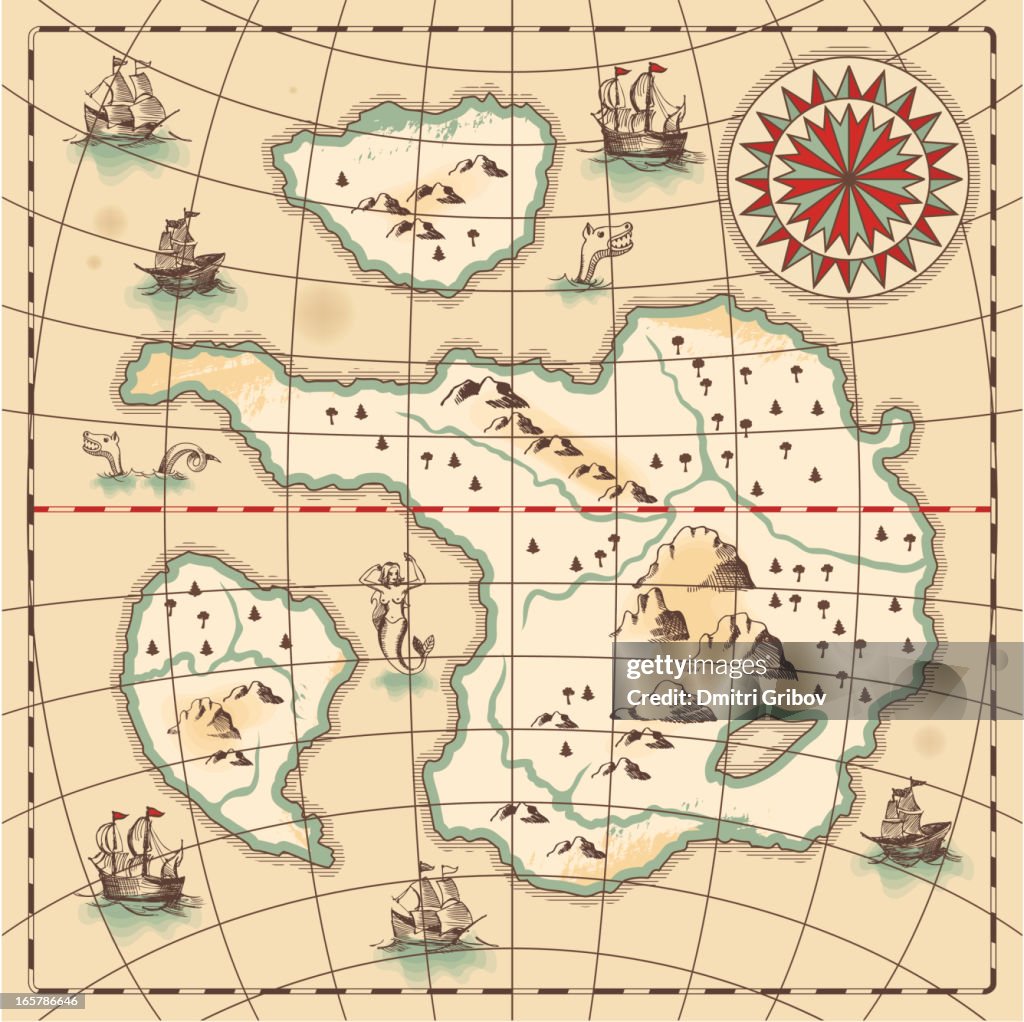 Hand-drawn antique ocean map.