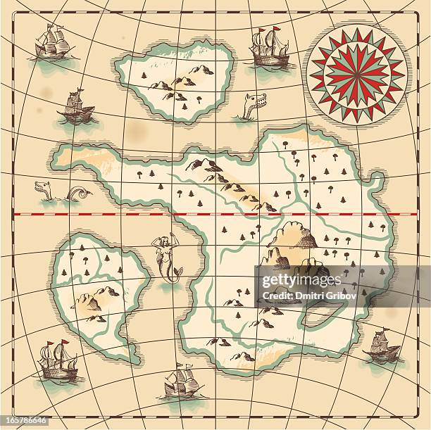 hand-drawn antique ocean map. - snake game stock illustrations