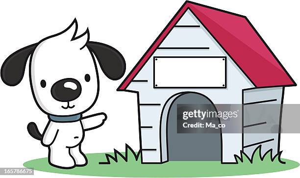 stockillustraties, clipart, cartoons en iconen met cartoon dog points to a pet house with blank sign - sleek sweet shop social