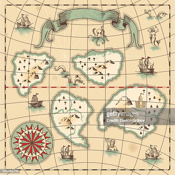 hand-drawn antique ocean map. - fantasy stock illustrations