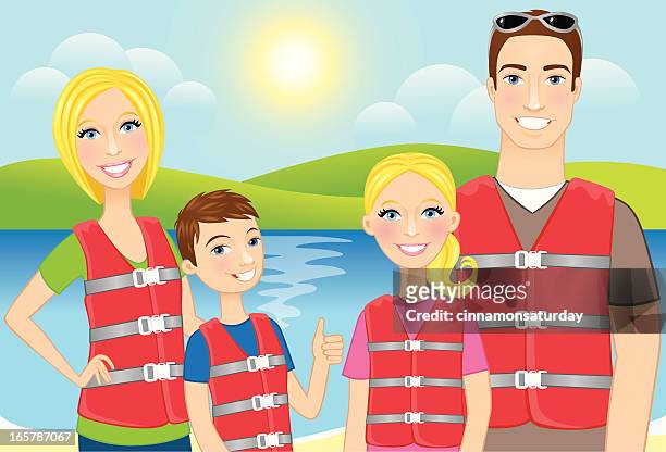 family wearing lifejackets - motorboating stock illustrations