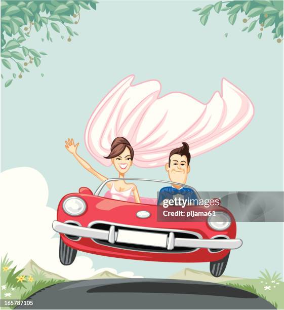 just married - couple with car stock illustrations