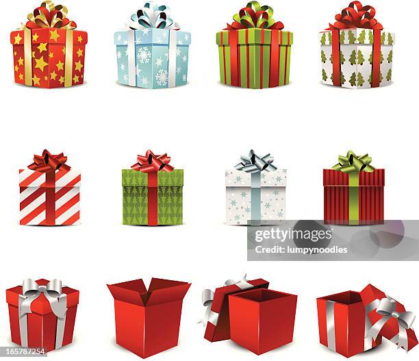 illustrations, cliparts, dessins animés et icônes de illustration vectorielle des différentes boîtes cadeau pour les fêtes - cadeau ouvert