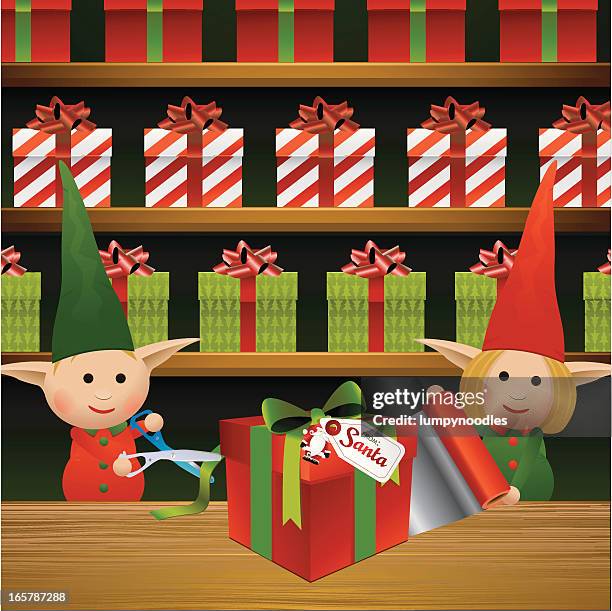 gift wrapping elves - father christmas and elves stock illustrations