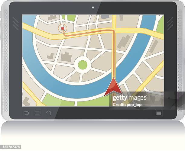 illustrazioni stock, clip art, cartoni animati e icone di tendenza di gps e tablet pc - schermo per proiezione