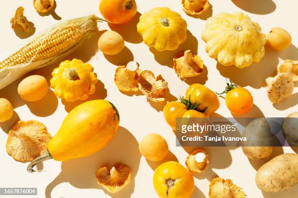 pattern of variety fresh of organic fruits and vegetables and healthy vegan meal ingredients on beige background. healthy food, clean eating, diet and detox, eco friendly, no plastic concept. flat lay, top view - still life objects bildbanksfoton och bilder