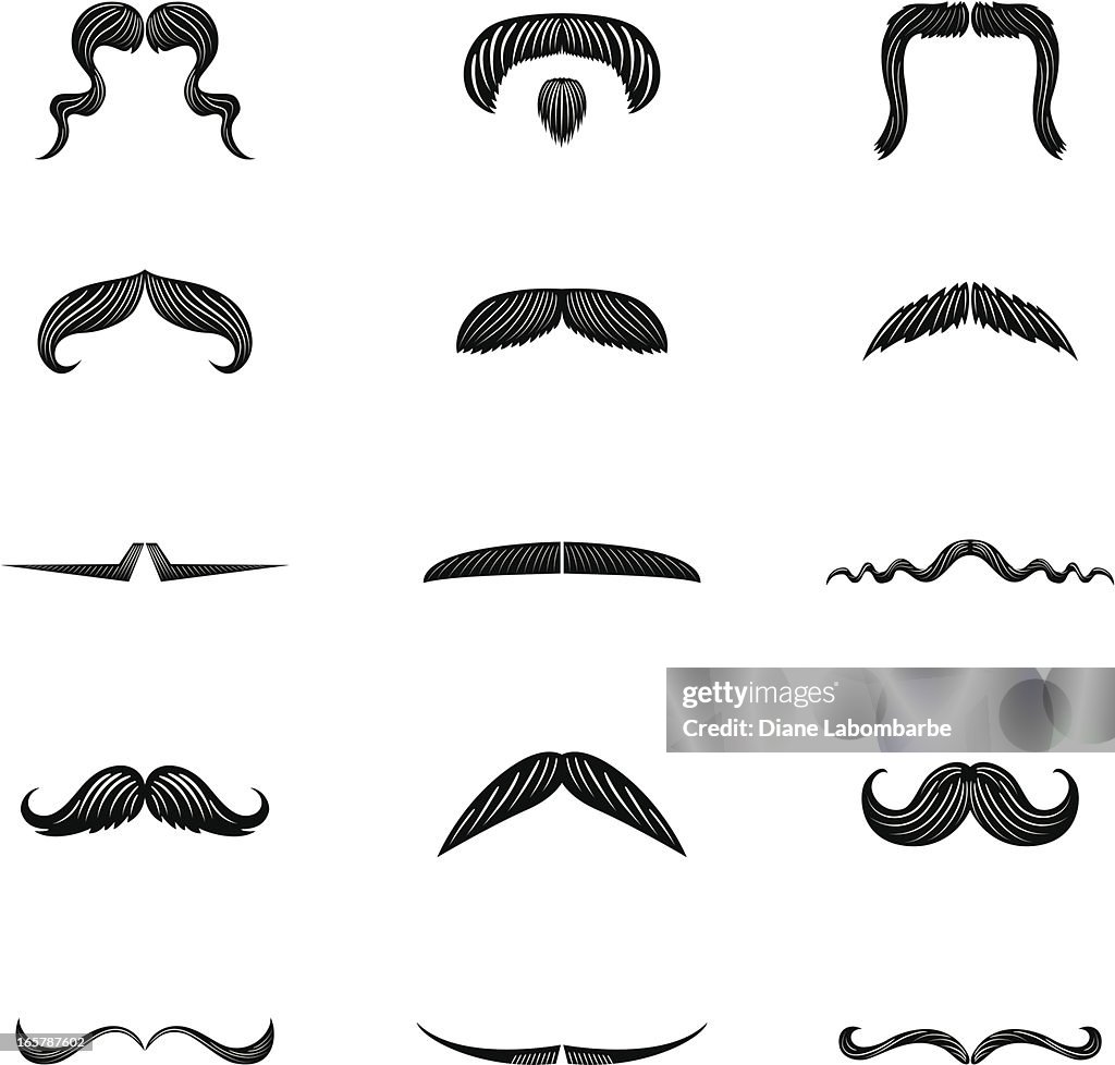 Set of Fifteen Men's Moustache Illustration Icons in flat colors