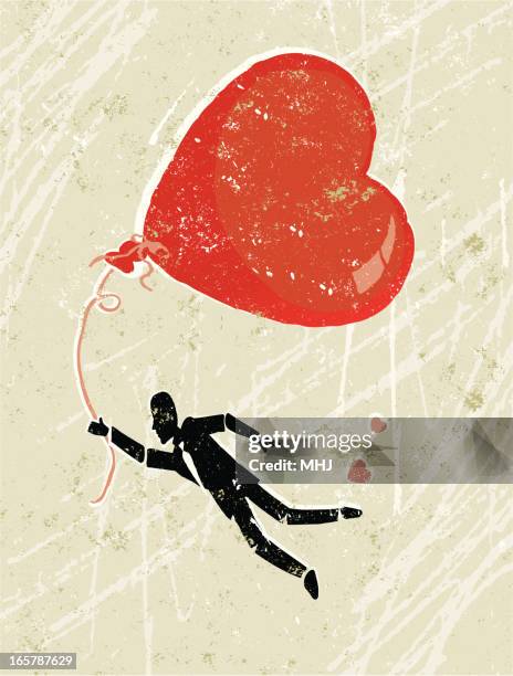 man in love floating on air with a heart balloon - fly poster stock illustrations